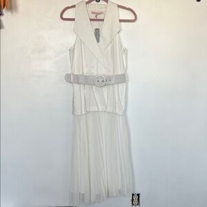 Anthropologie Hutch White Midi Pleated Tulle Dress with Belt
